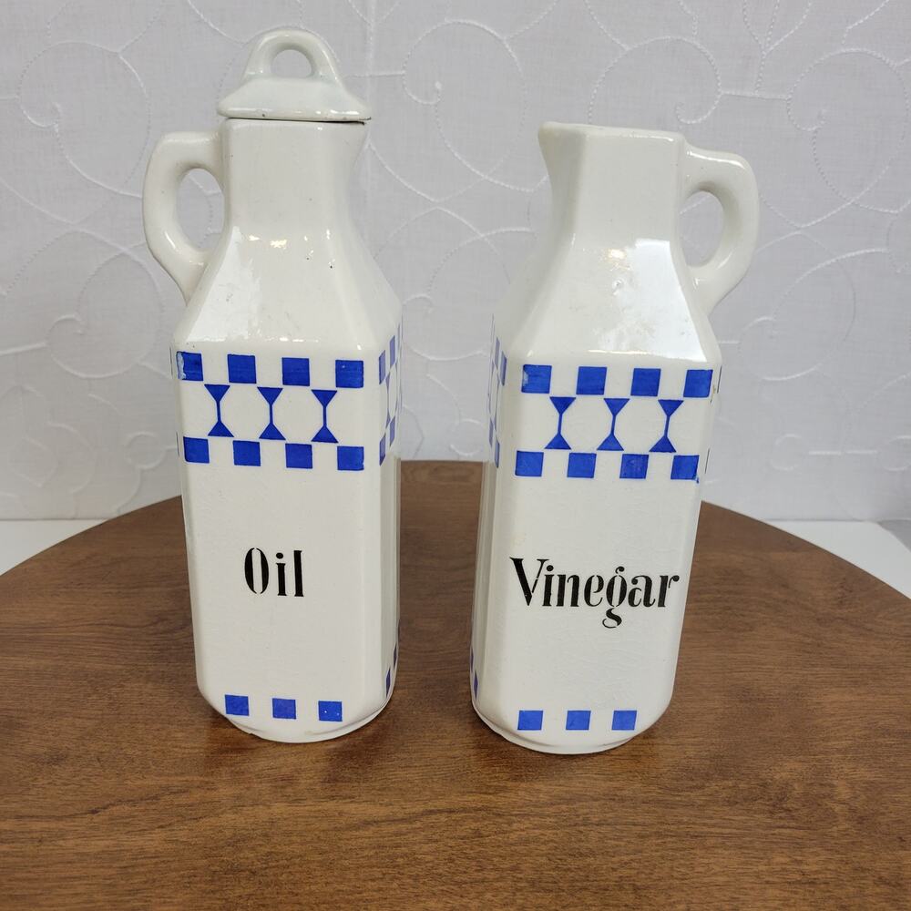 Lot 2 Vintage Home Kitchen Dispenser Oil & Vinegar Porcelain Solid White Pattern